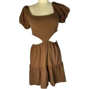 New Brown Ruffle Cotton Peasant Dress Short Sleeve Cutout Rue21 Women Juniors L